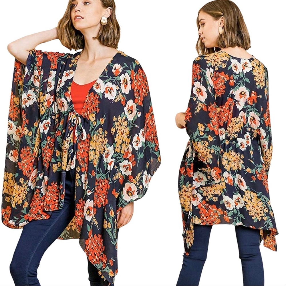UMGEE Boho Floral Navy Blue Bell Sleeve Open Front Kimono S